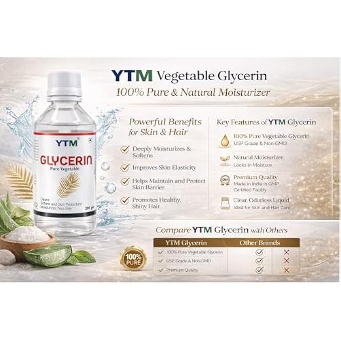 YTM 100% PURE GLYCERIN VEGAN COMBO PACK 3 {200 GM X 3} FACE BEAUTY SKIN VEGETABLE GLYCERIN FOR FACE: PURE ORGANIC , FOOD & PHARMACEUTICAL GRADE, , HYPOALLERGENIC MOISTURIZER AND SKIN | | GLYCERINE - Image 3
